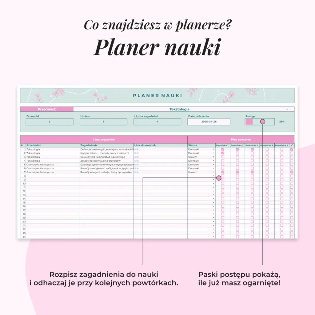 Planer Studenta - Arkusz Google | Zakładka planer zajęć