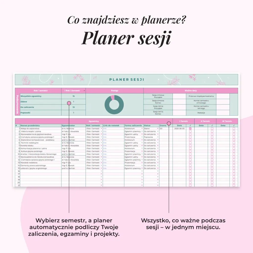 Planer Studenta - Arkusz Google | Zakładka planer sesji