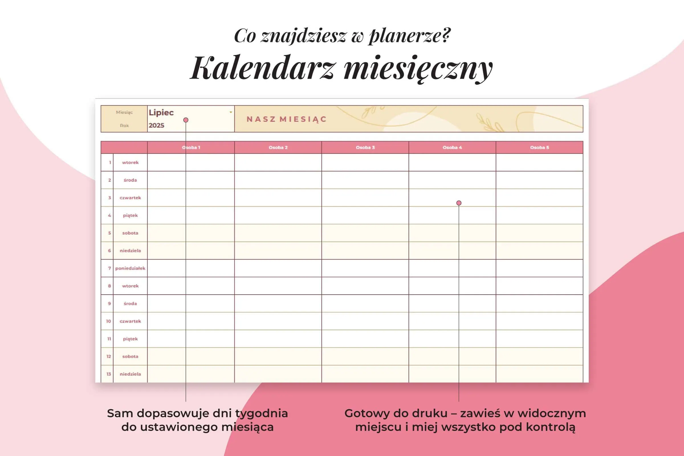 Planer Mamy w Arkuszu Google - kalendarz miesięczny