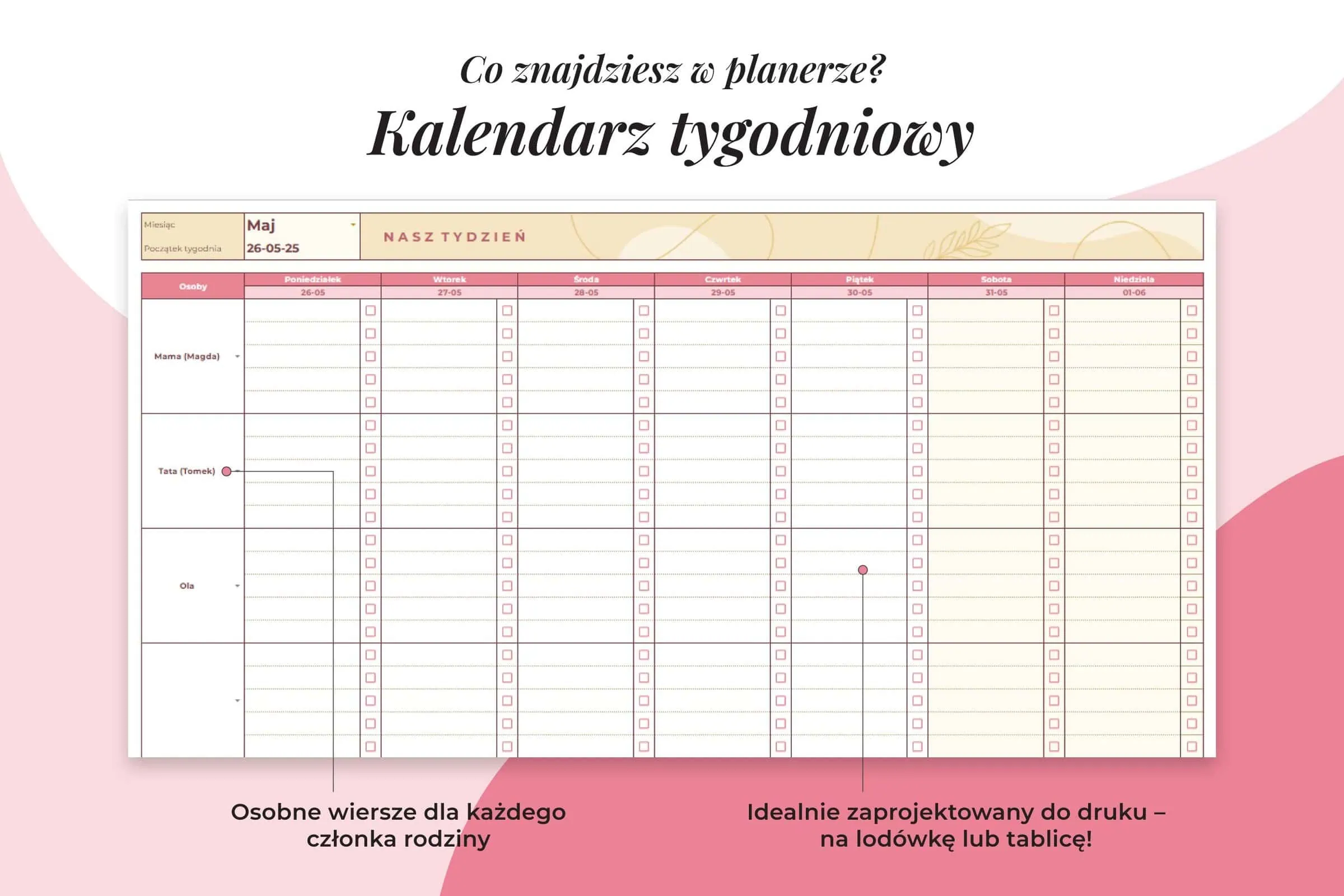 Planer Mamy w Arkuszu Google - kalendarz tygodniowy