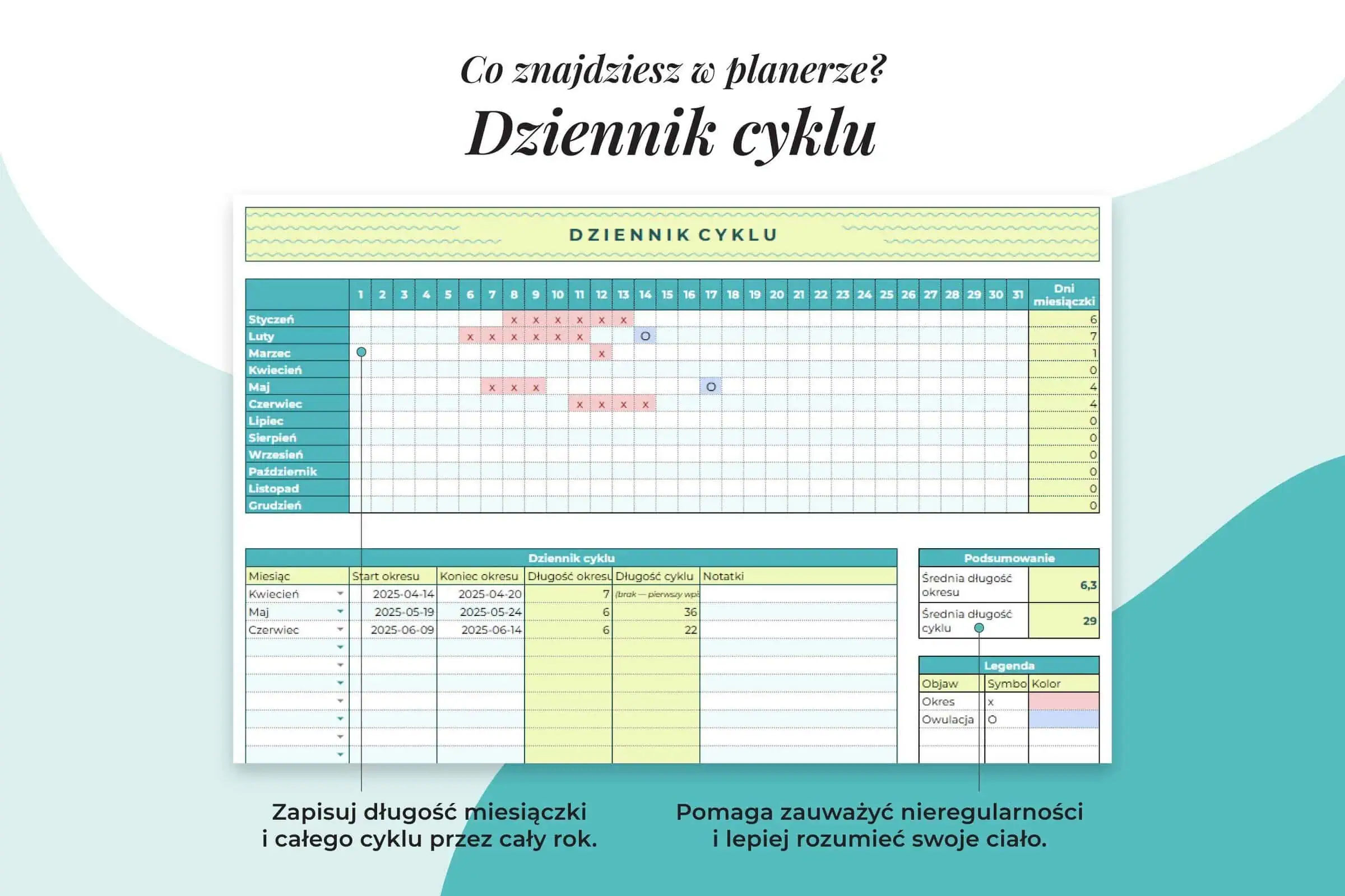 Planer Medyczny w arkuszu Google - zakładka dziennik cyklu