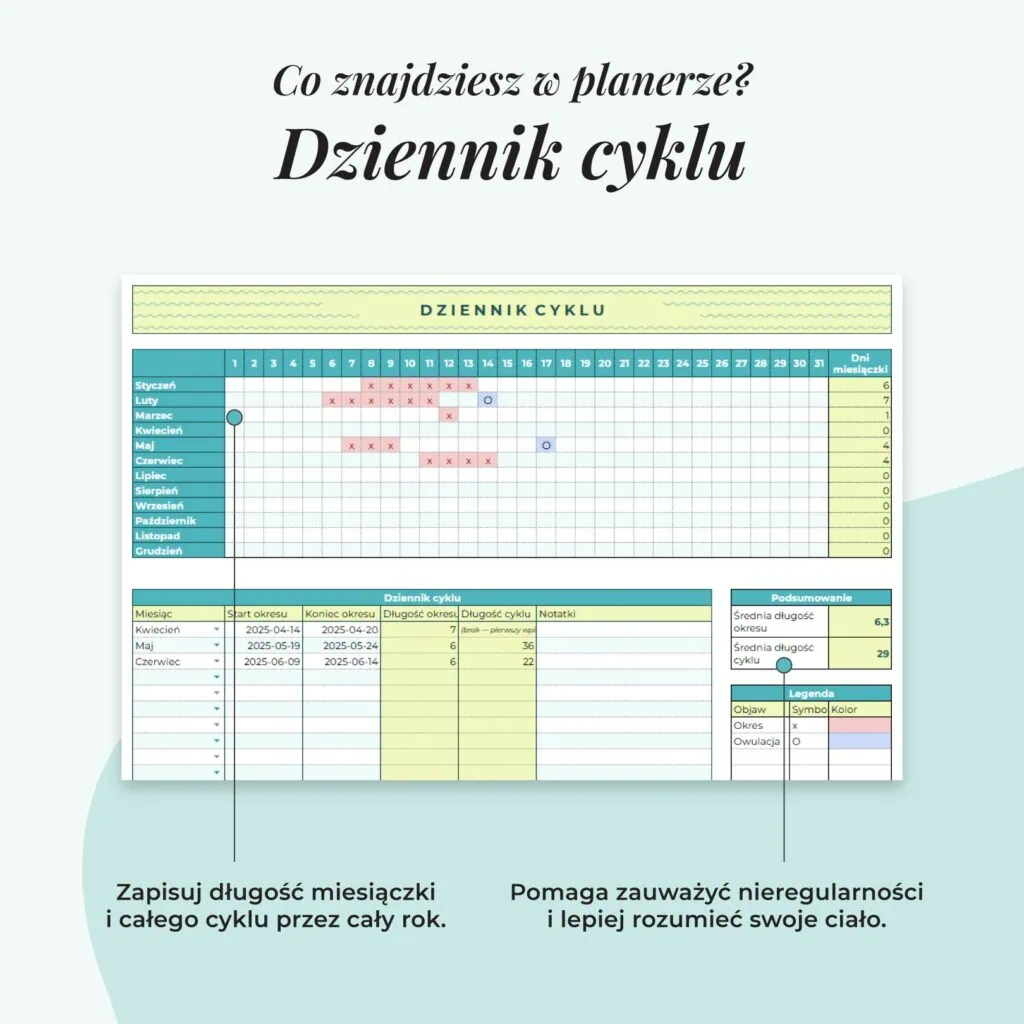 Planer Medyczny - Arkusz Google | Zakładka dziennik cyklu