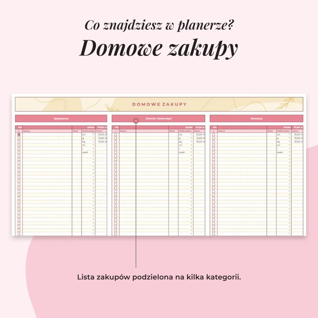Planer Rodzinny dla Mamy - Arkusz Google | Zakładka domowe zakupy