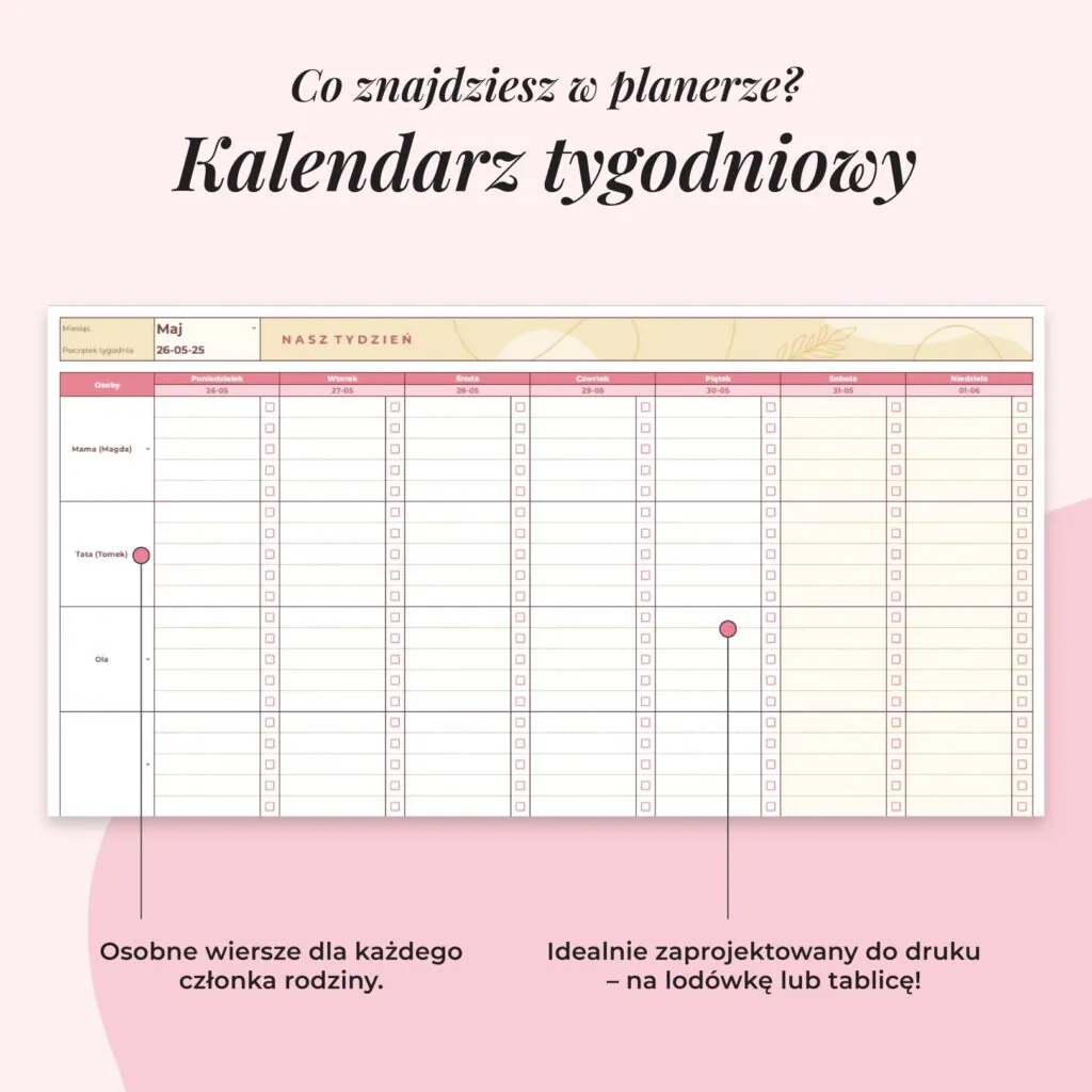 Planer Rodzinny dla Mamy - Arkusz Google | Zakładka kalendarz tygodniowy
