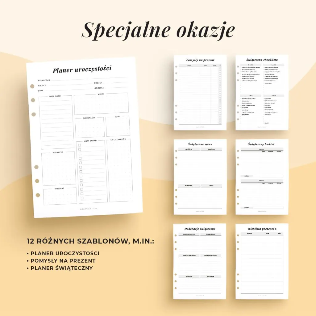 Szablony specjalne okazje w planerze rodzinnym do druku
