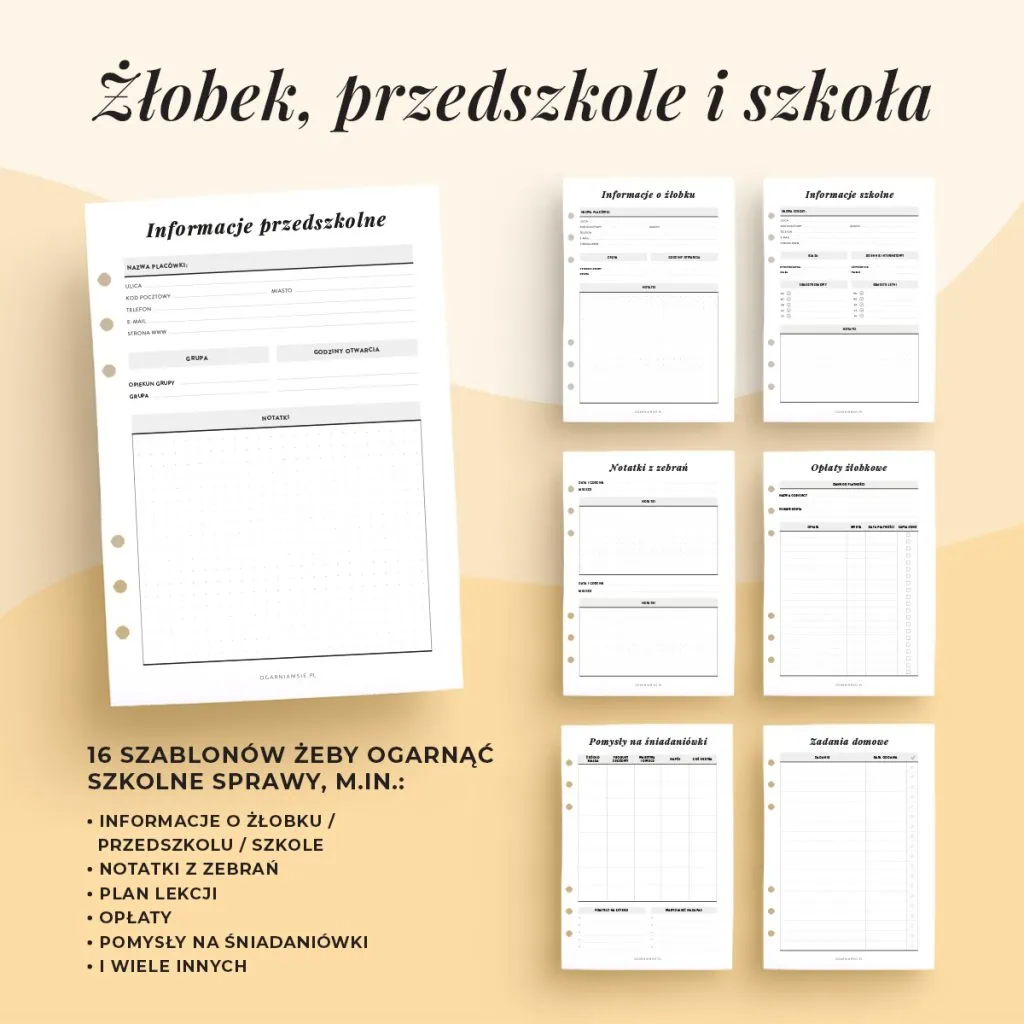 Szablony żłobek, przedszkole, szkoła w planerze rodzinnym do druku