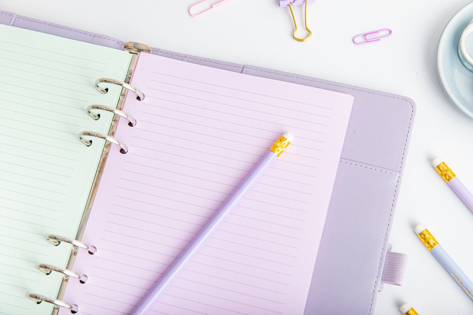 Wkład do organizera A5 w linie kolor fioletowy i zielony umieszczone w organizerze