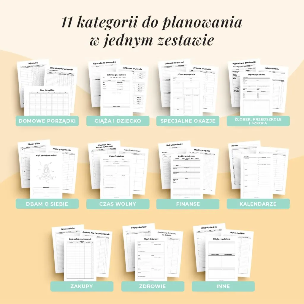 11 kategorii w planerze rodzinnym do druku