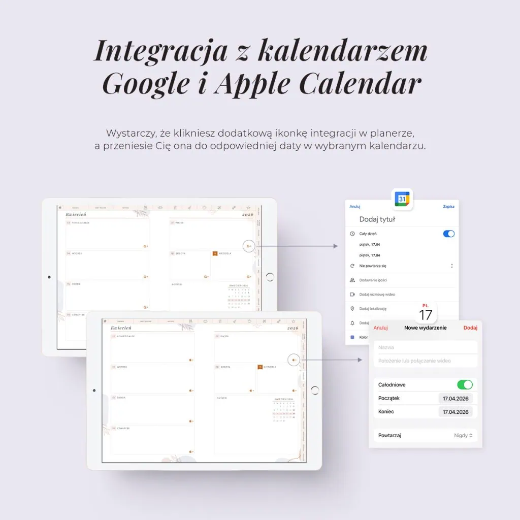 Digital Planer 2026 - integracja z kalendarzem Google i Apple Calendar