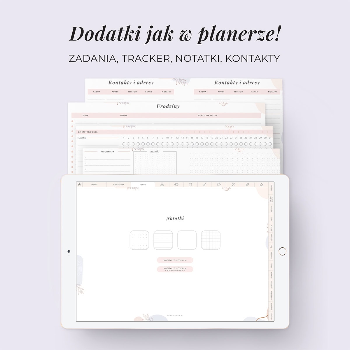 Digital Planer 2026 - zakładka zadania, tracker, notatki, kontakty