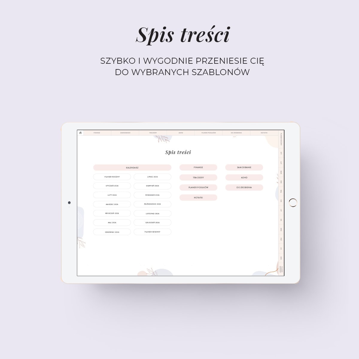 Digital Planer ADHD - zakładka spis treści