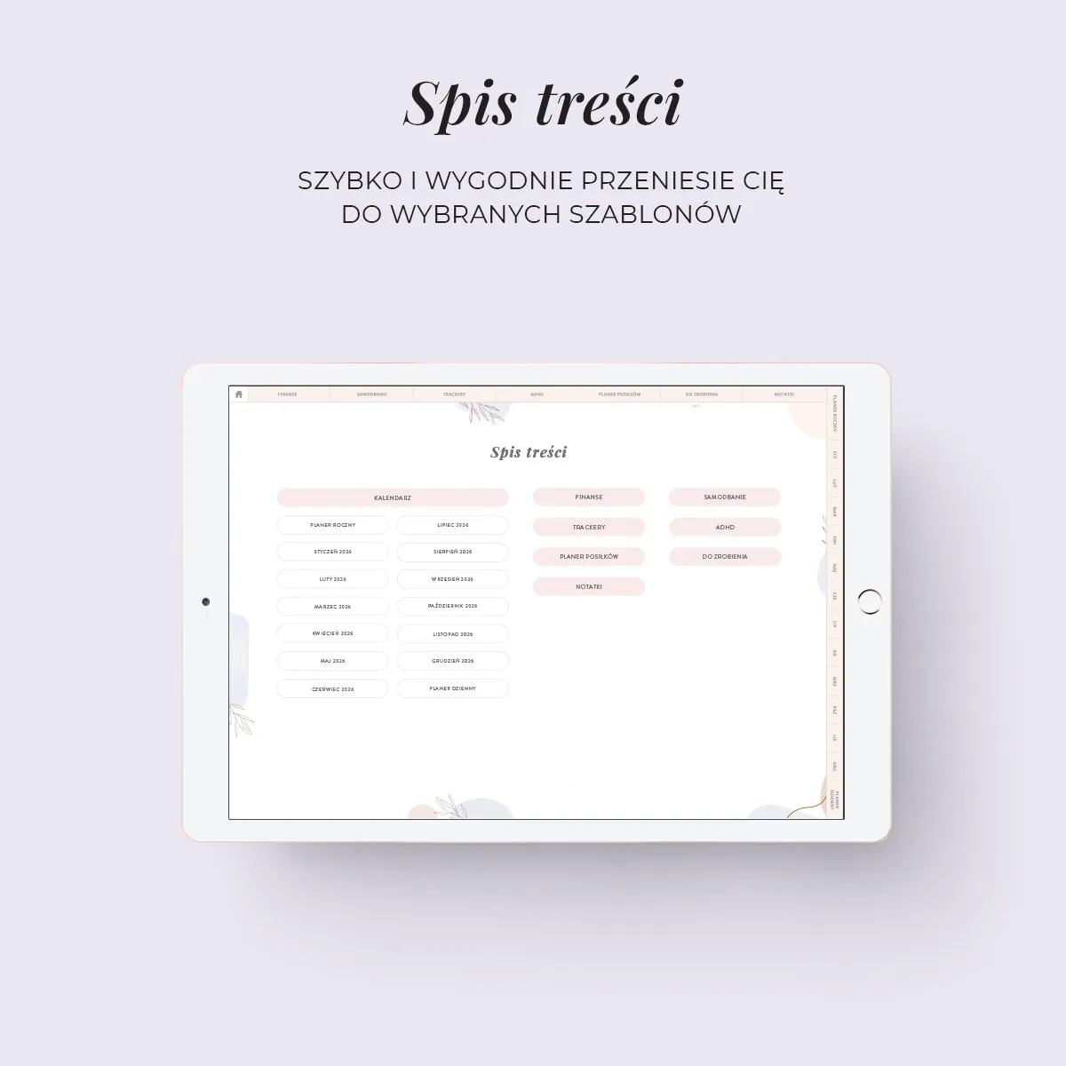 Digital Planer ADHD - zakładka spis treści