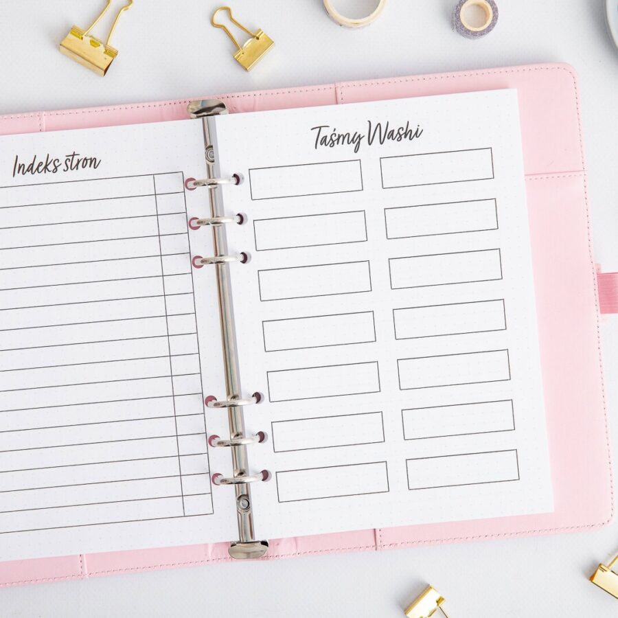 Wkład do organizera Bullet Journal - strony indeks stron i taśmy washi