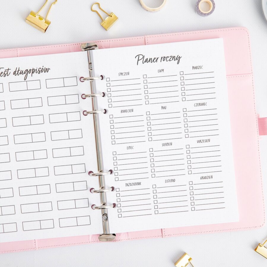 Wkład do organizera Bullet Journal - strony test długopisów i planer roczny
