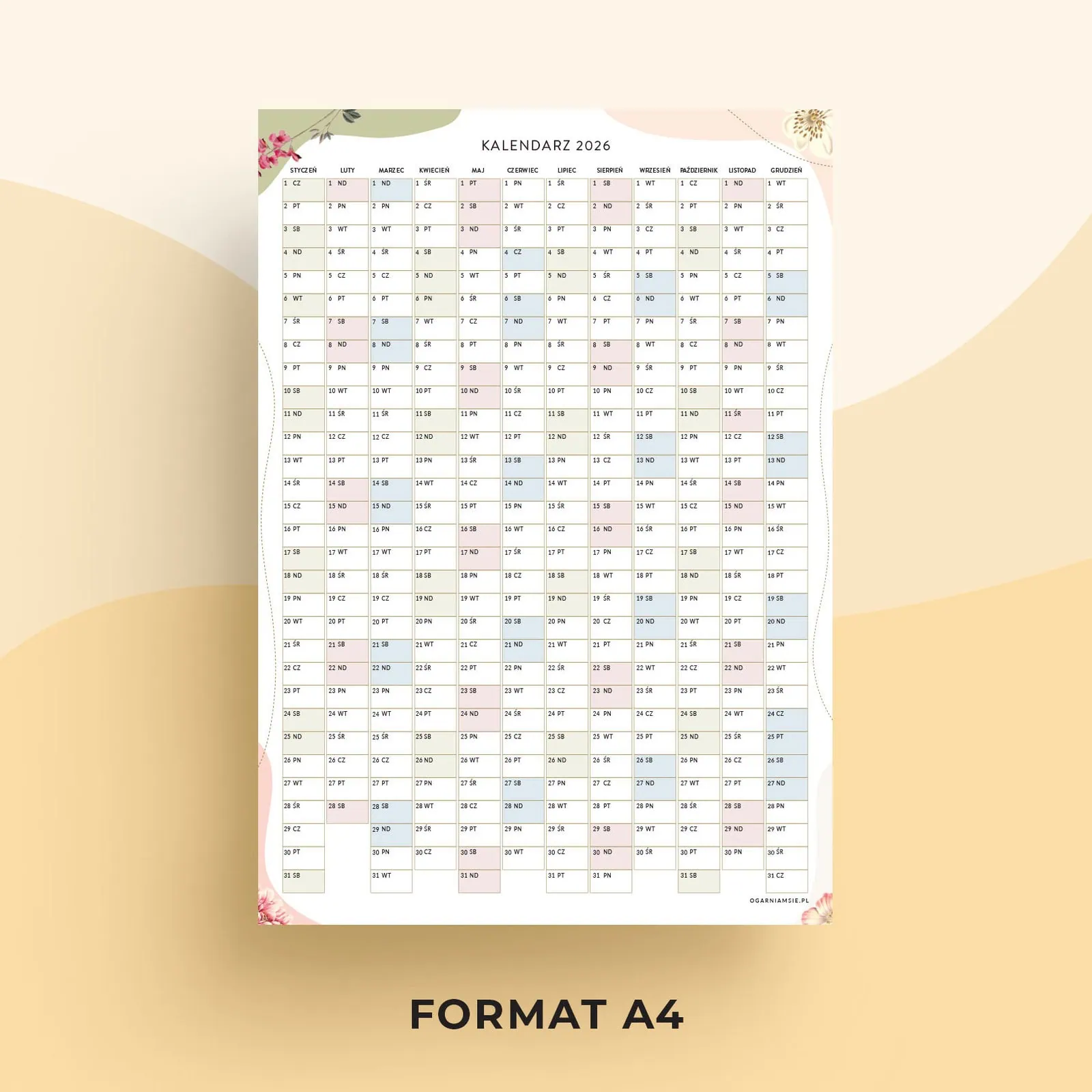 Kolorowy kalendarz 2026 do druku