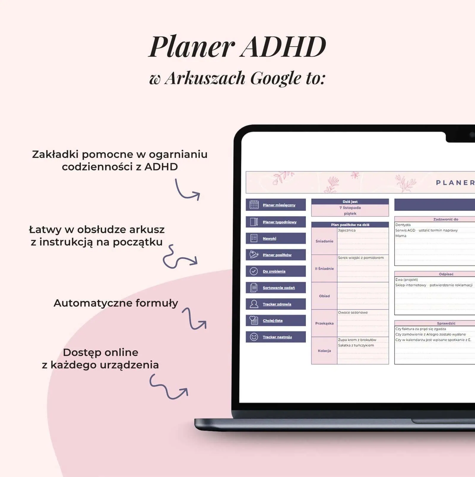 Cechy Planera ADHD w arkuszu Google