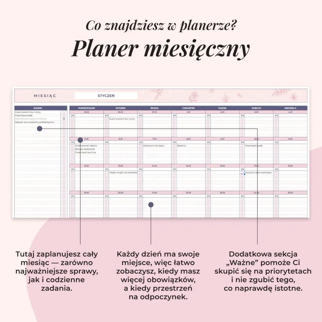 Planer ADHD w arkuszu Google - planer miesięczny