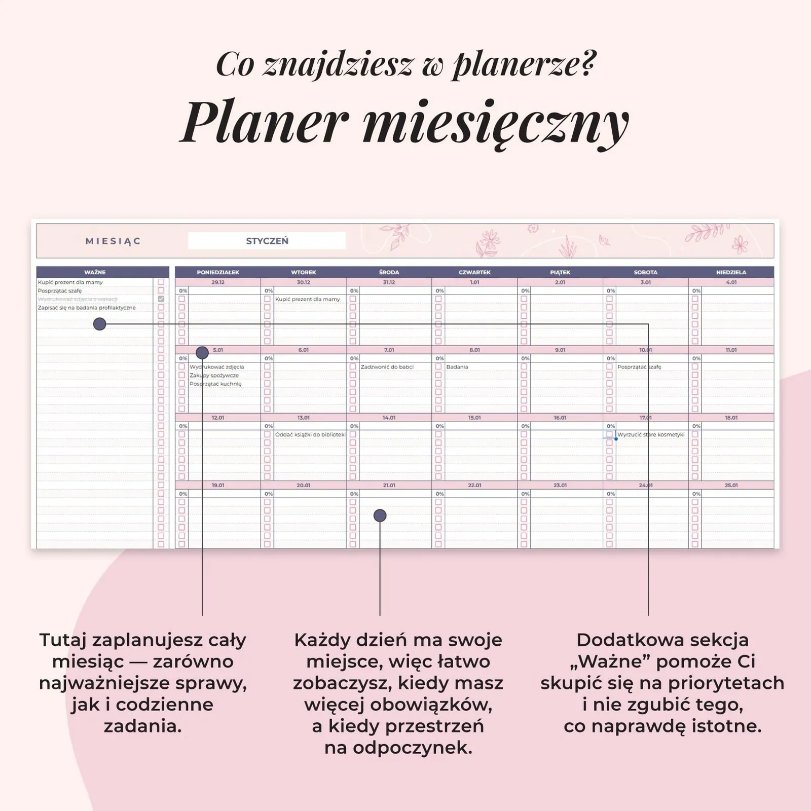 Planer ADHD w arkuszu Google - planer miesięczny