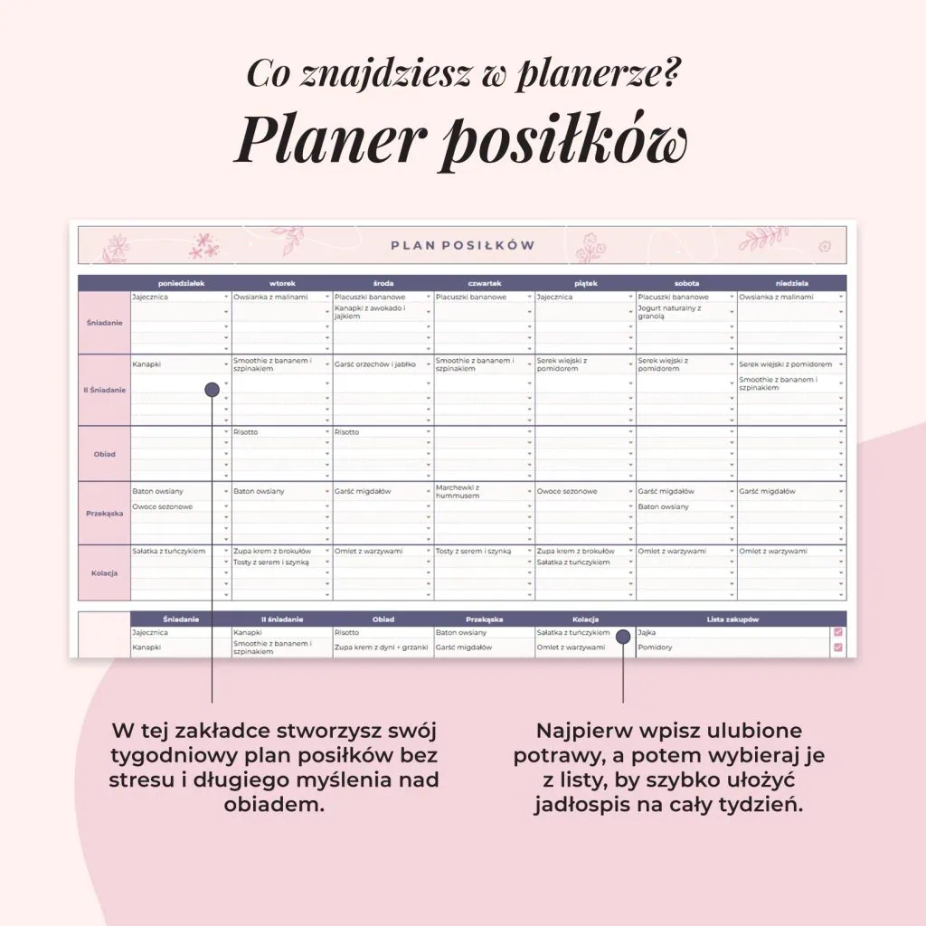 Planer ADHD w arkuszu Google - planer posiłków