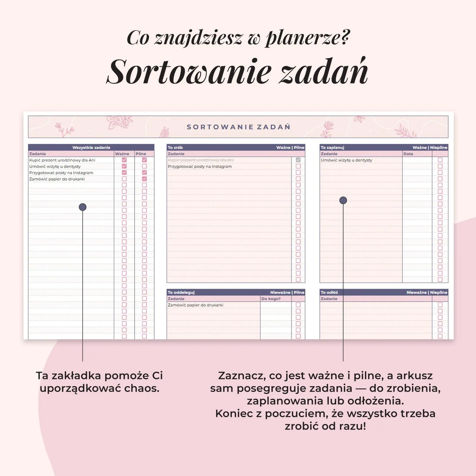 Planer ADHD w arkuszu Google - zakładka sortowanie zadań