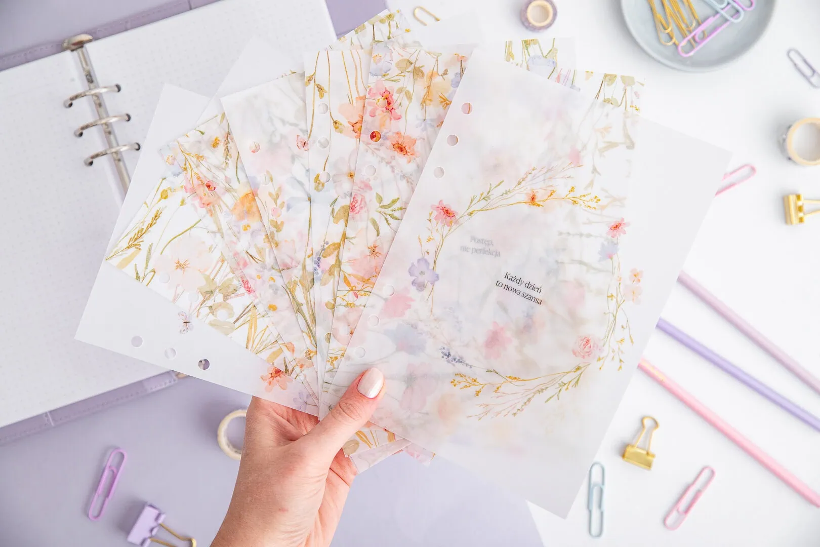 Zestaw motywacyjnych kart do organizera - Akwarelowa Łąka | Papier transparentny
