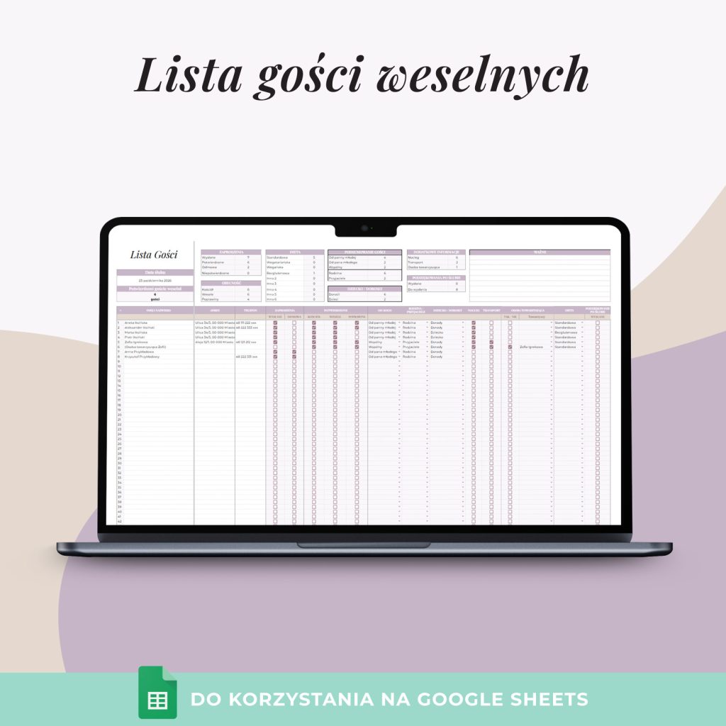 Lista gości weselnych - arkusz Google