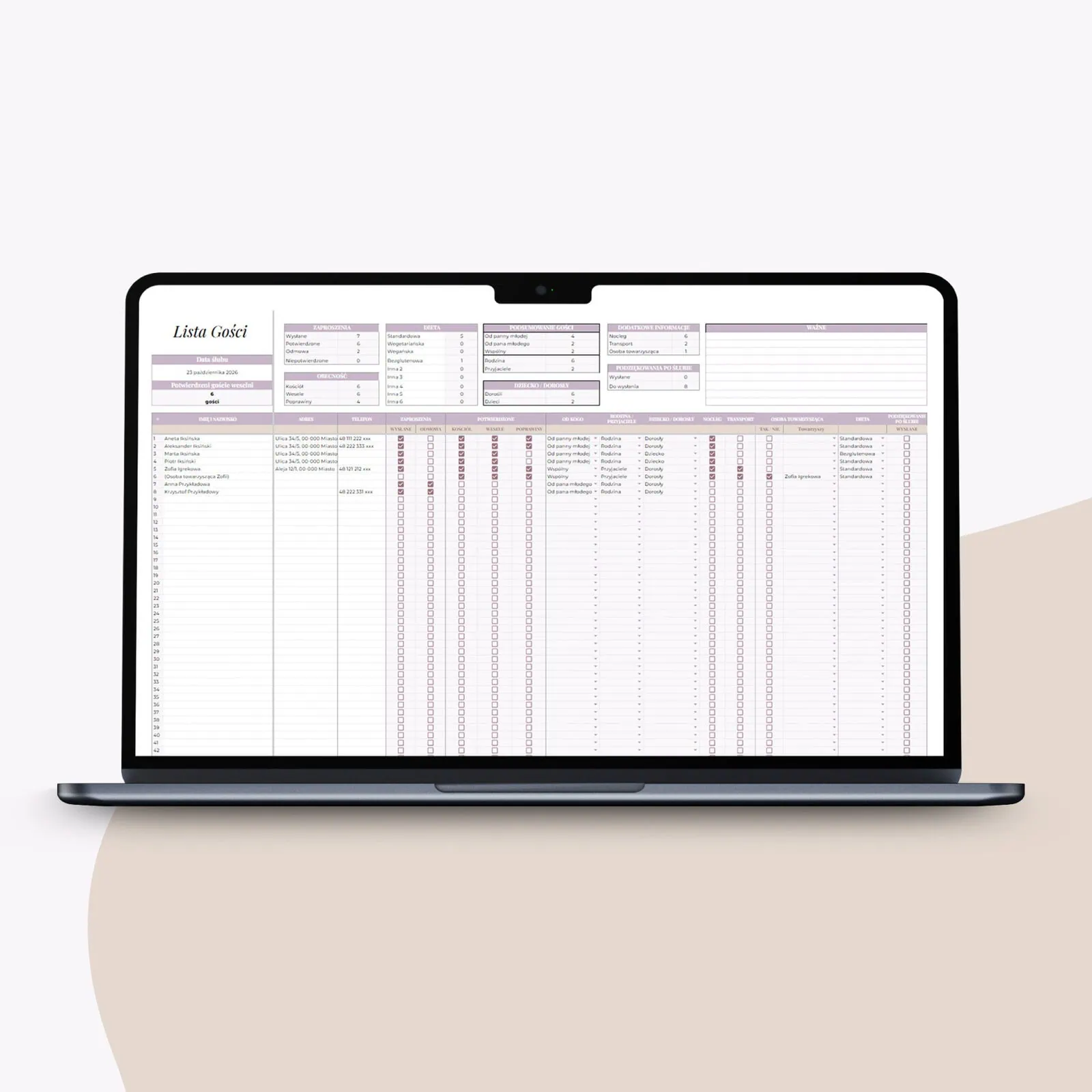 Lista gości weselnych - arkusz Google (2)