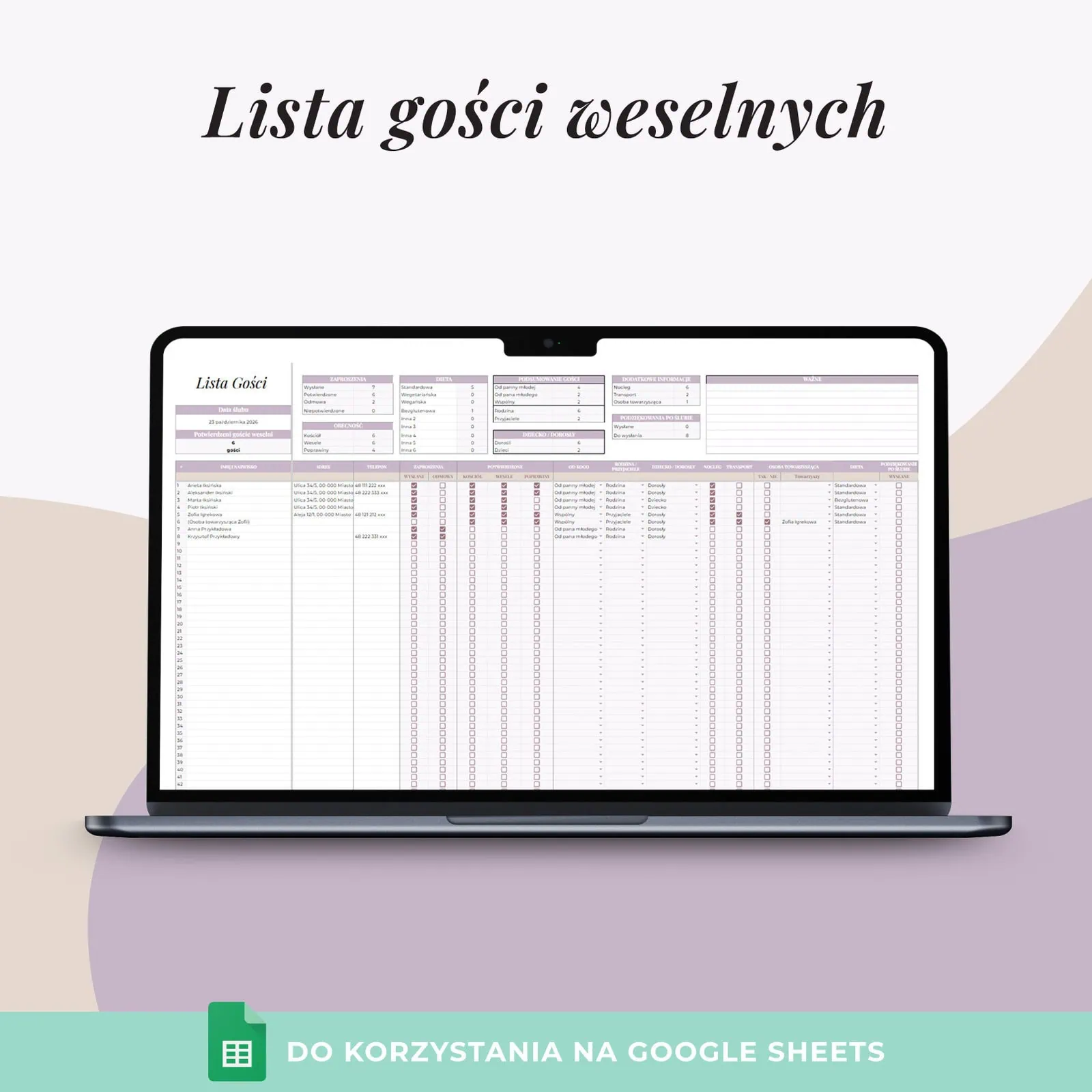 Lista gości weselnych - arkusz Google
