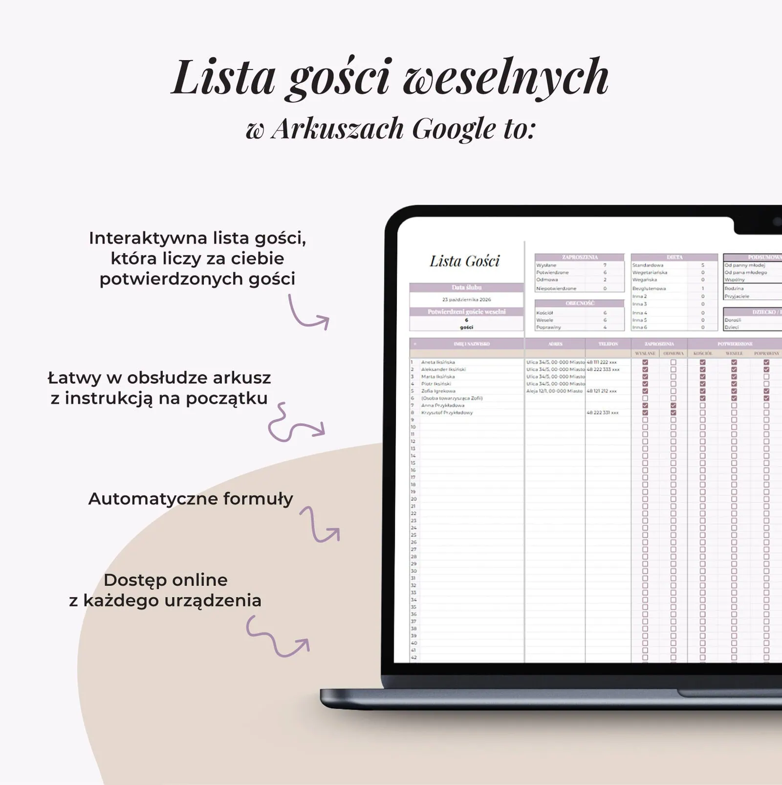 Lista gości weselnych w arkuszu Google - co zawiera