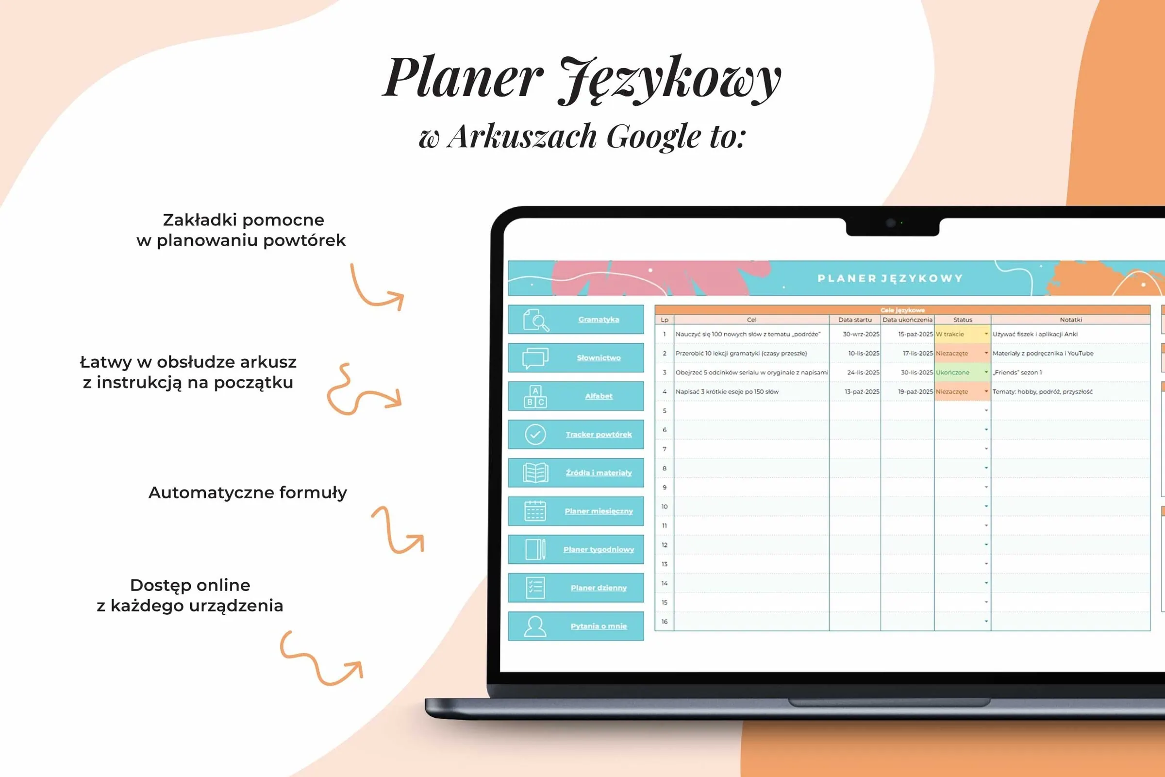 Planer językowy w arkuszu Google - cechy