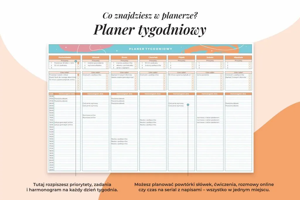 Planer językowy - arkusz Google | Planer tygodniowy