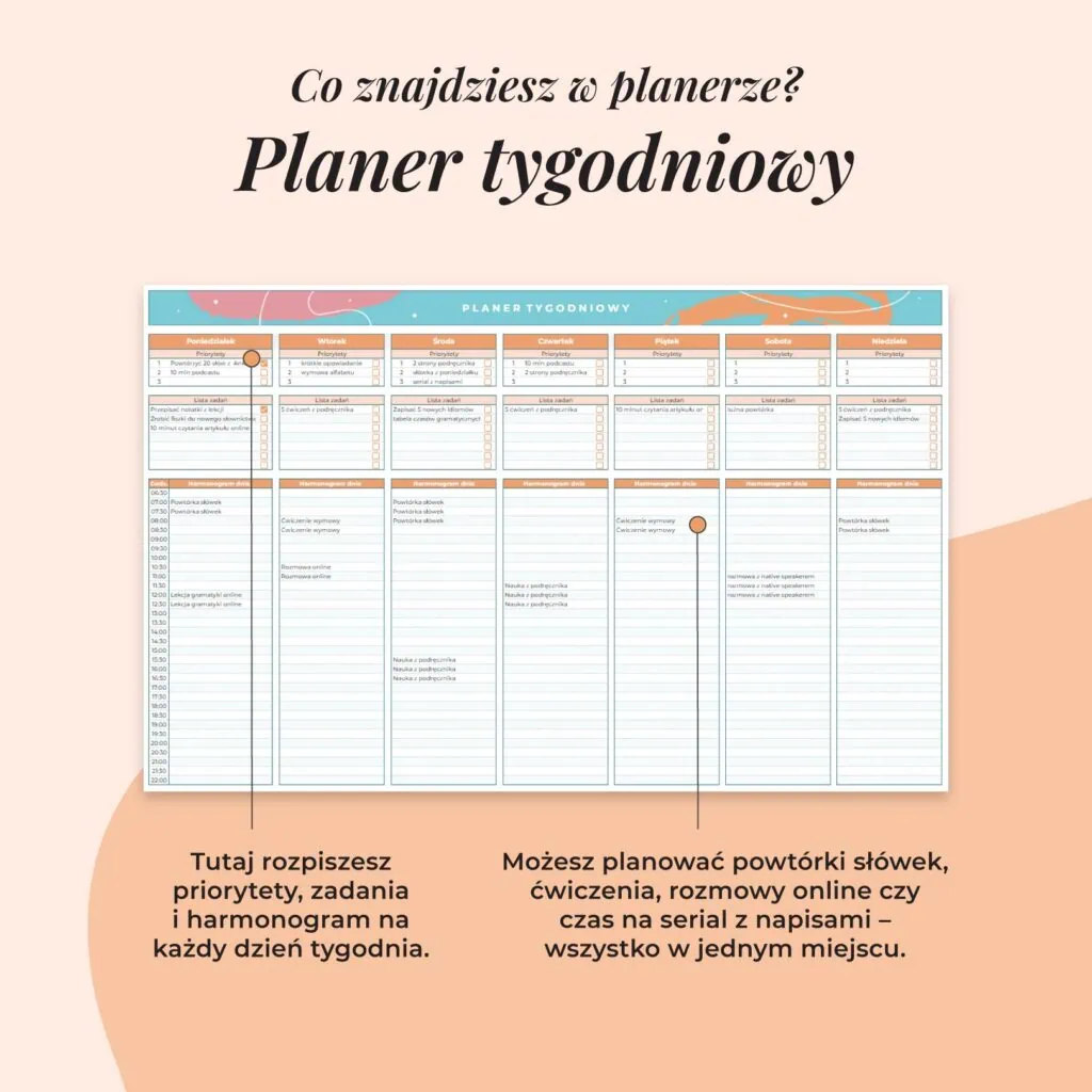 Planer językowy – Arkusz Google | Zakładka planer tygodniowy