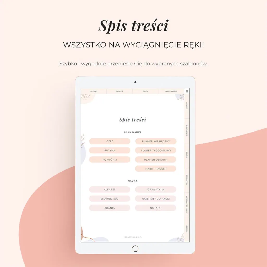 Planer Językowy na iPada | Spis treści