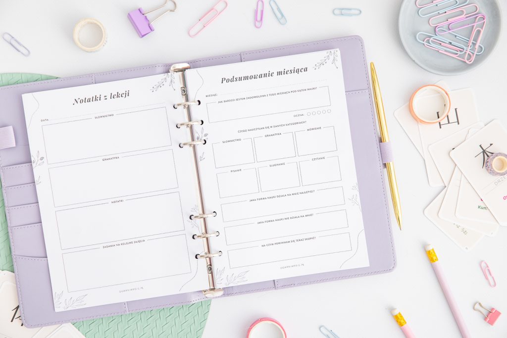 Planer językowy do druku - strony notatki z lekcji i podsumowanie miesiąca