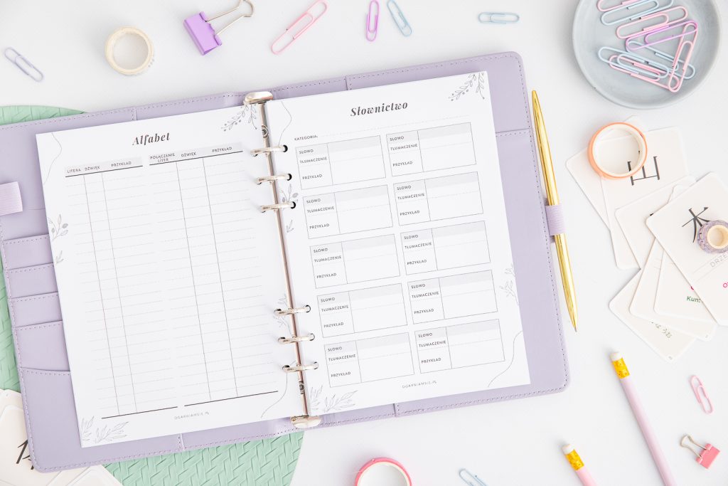 Planer językowy do druku - strony alfabet i słownictwo