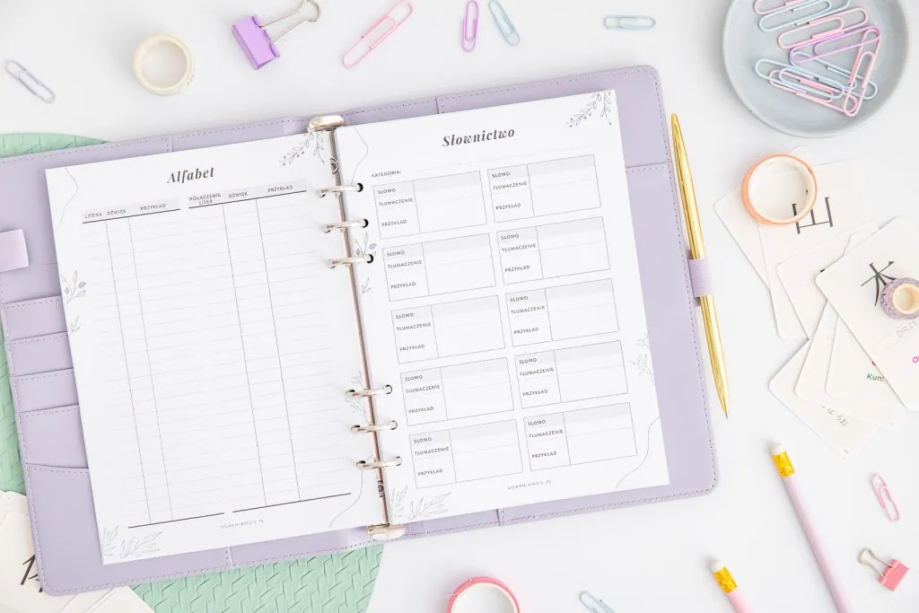 Planer językowy do druku - strony alfabet i słownictwo