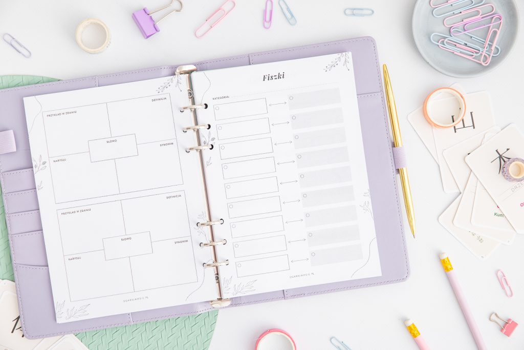 Planer językowy do druku - strony fiszki