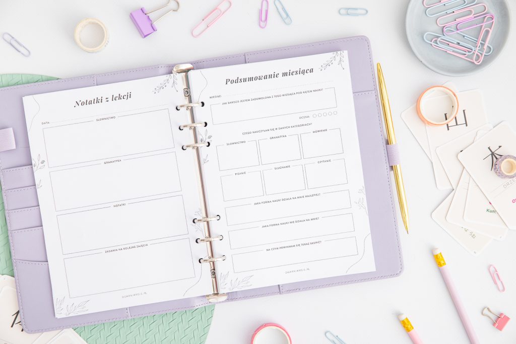 Planer językowy do druku - strony notatki z lekcji i podsumowanie miesiąca