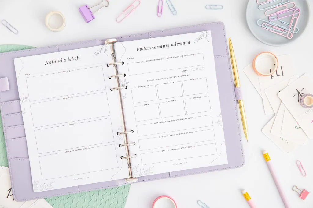 Planer językowy do druku - strony notatki z lekcji i podsumowanie miesiąca