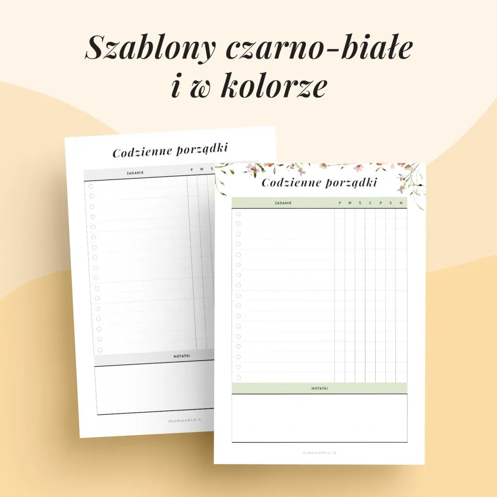 Harmonogram sprzątania - szablony kolorowe i czarno-białe