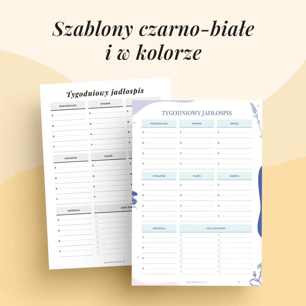 Planery posiłków | Wkłady do organizera do druku - szablony w kolorze i czarno-białe