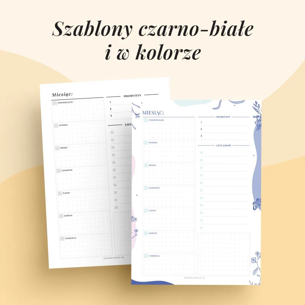 Planery tygodniowe kolorowe i czarno-białe | Wkłady do druku do organizera