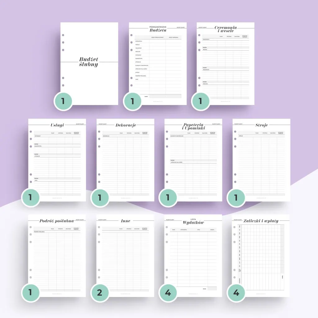 Budżet ślubny - wkład do organziera | Szablony
