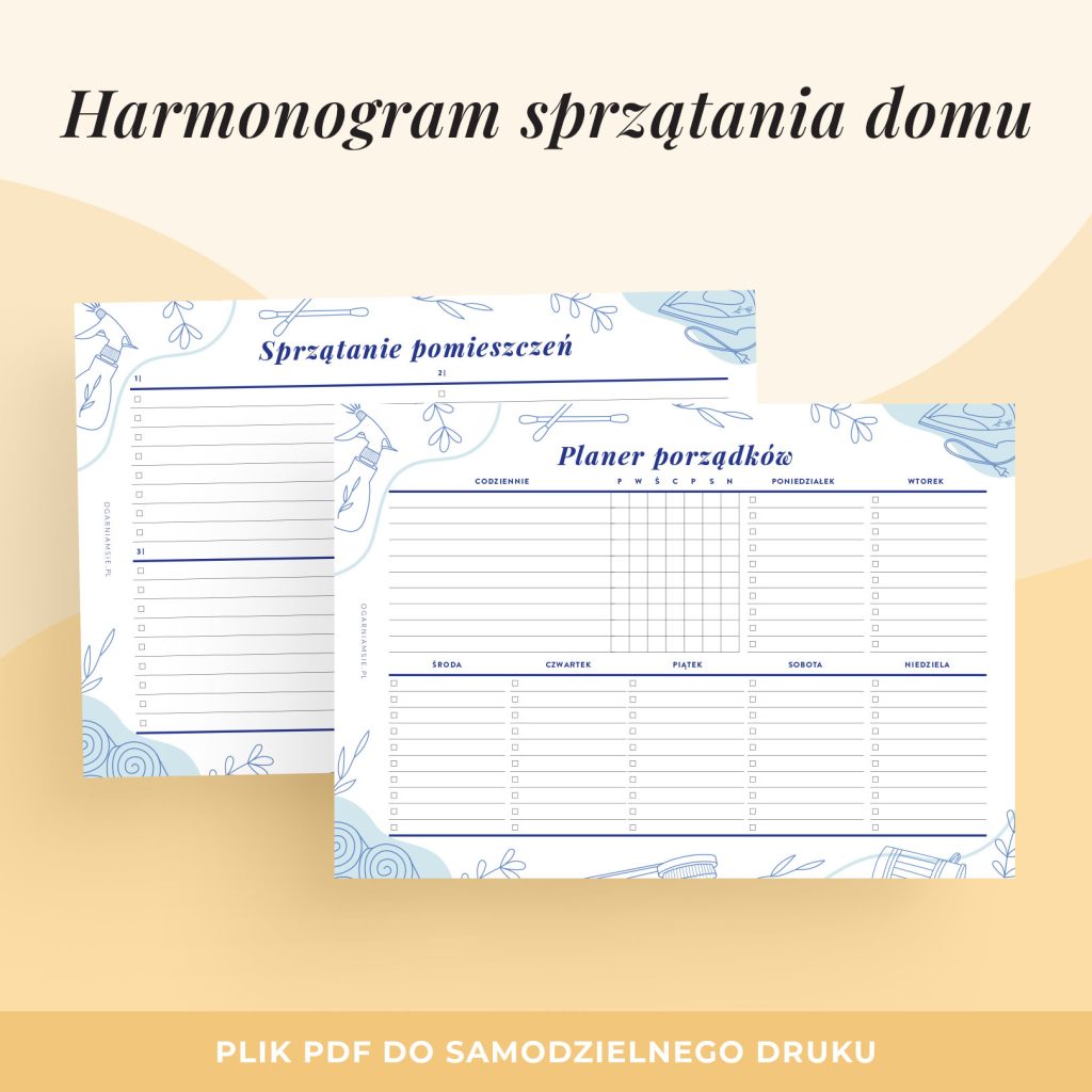 Harmonogram sprzątania domu - wkład do organizera do druku