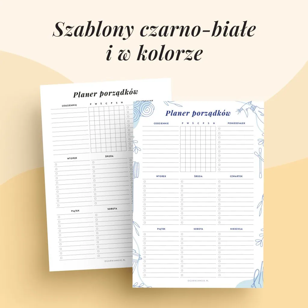 Harmonogram sprzątania domu - wkład do druku | Szablony czarno-białe i w kolorze