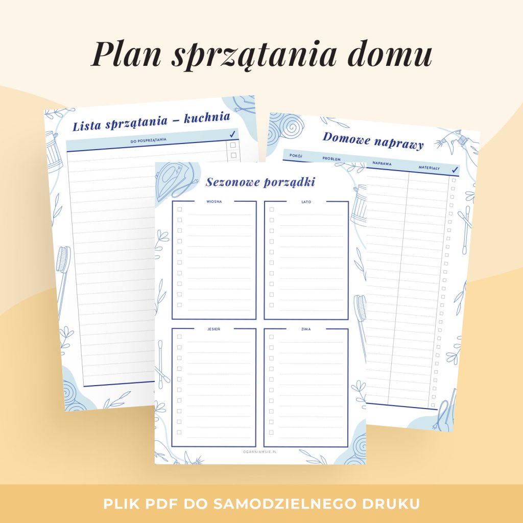 Plan sprzątania domu - wkład do organizera do druku