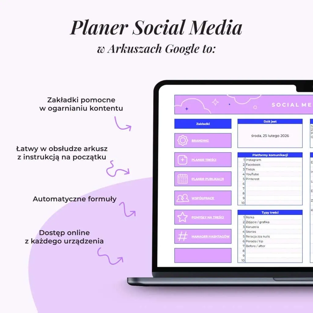 Planer Social Media - Arkusz Google | Cechy