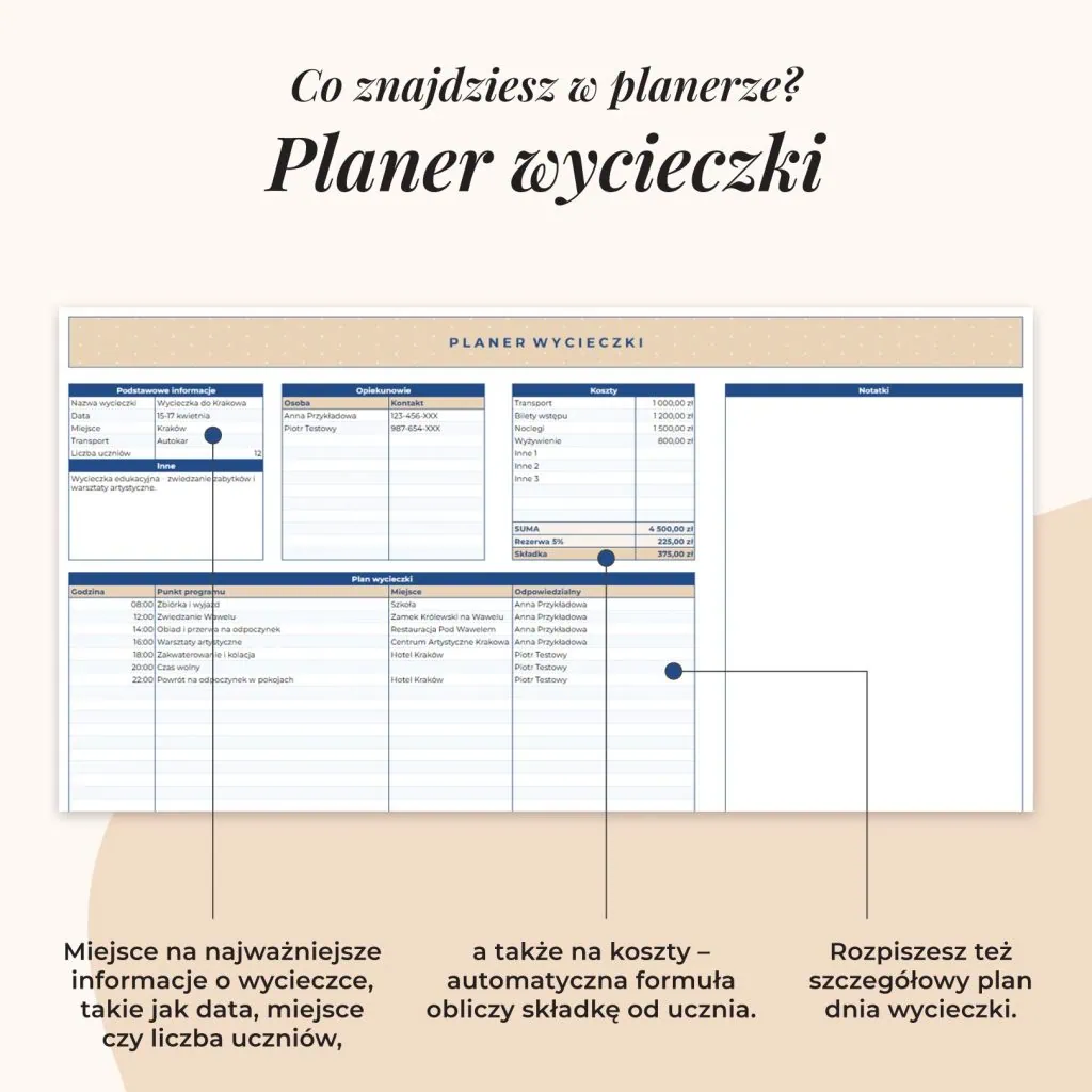 Planer wychowawcy – Arkusz Google | Zakładka planer wycieczki
