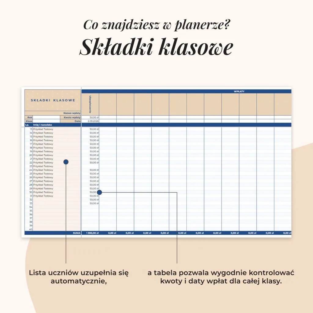 Planer wychowawcy – Arkusz Google | Zakładka składki klasowe