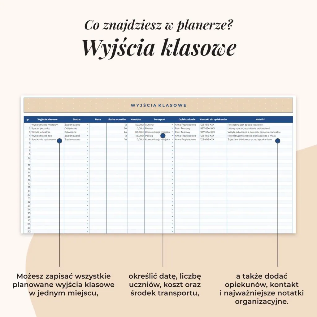 Planer wychowawcy – Arkusz Google | Zakładka wyjścia klasowe